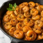 Delicious Baked Cajun Shrimp served on a plate with lemon wedges and parsley.