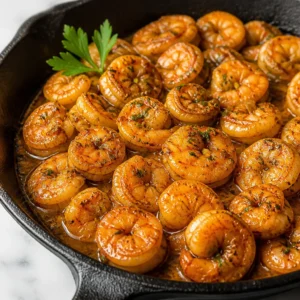 Delicious Baked Cajun Shrimp served on a plate with lemon wedges and parsley.